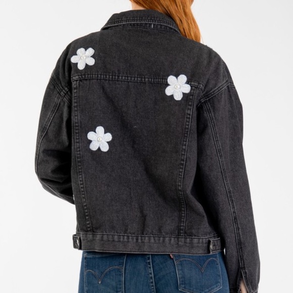 Bluevelvet Black Floral Patch Button Down Denim Jean Jacket - Picture 6 of 6